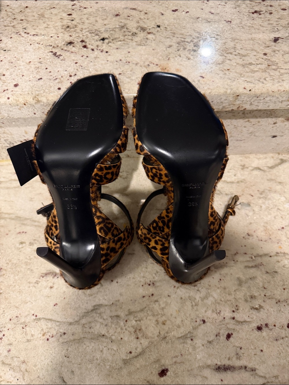 Saint Laurent Leopard Print T-Strap Heels - Black & Brown - Picture 4 of 6